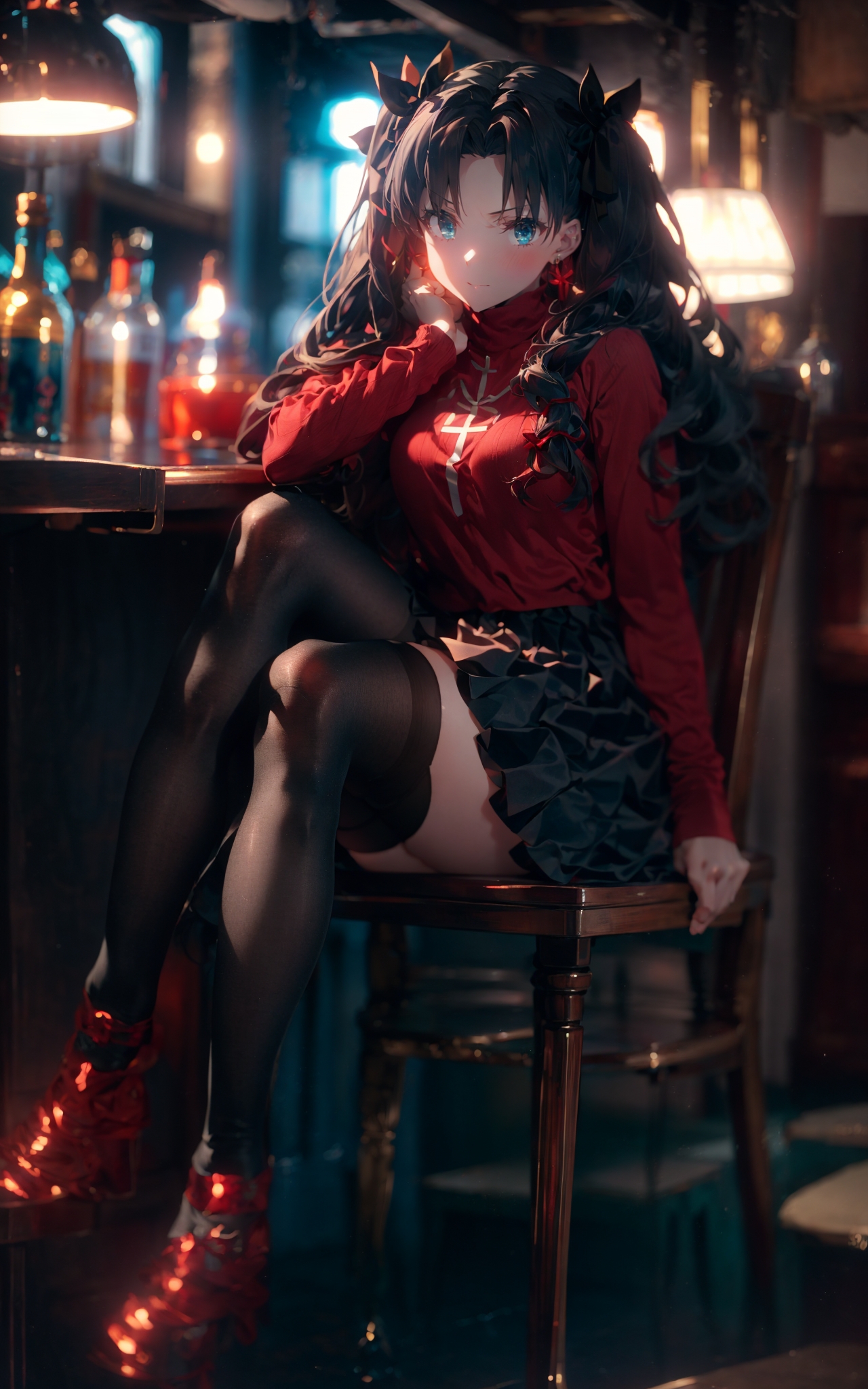 606247209521969537-2667061186-blurry background，_Rin Tohsaka，1gir，tohsaka rin，solo，long hair，brown hair，black thighhighs，blue eyes，_pleated skirt，two side up，.jpg